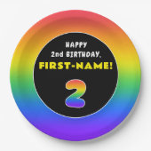 2回目の誕生日：カラフル虹#2、名前をカスタムする ペーパープレート (正面)