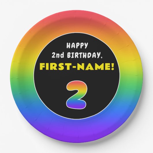 2回目の誕生日：カラフル虹#2、名前をカスタムする ペーパープレート (正面)