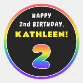 2回目の誕生日：カラフル虹#2、名前をカスタムする ラウンドシール (正面)