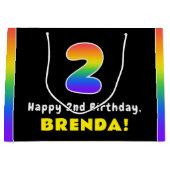 2回目の誕生日：カラフル虹#2、名前をカスタムする ラージペーパーバッグ (正面)