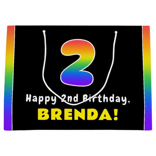 2回目の誕生日：カラフル虹#2、名前をカスタムする ラージペーパーバッグ (正面)