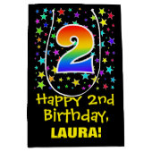 2回目の誕生日：スターカラフルパターン&レインボー2 ミディアムペーパーバッグ (正面)