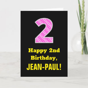 2回目の誕生日:ピンクストライプのハートと誕生日"2" +名前 カード