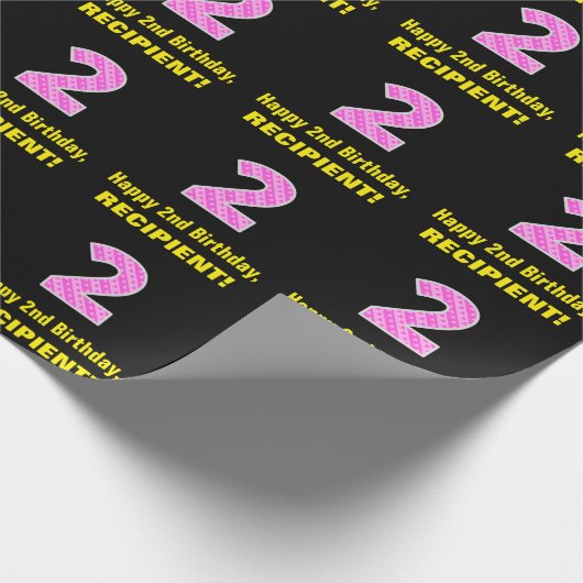 2回目の誕生日:ピンクストライプのハートと誕生日"2" +名前 ラッピングペーパー (角)