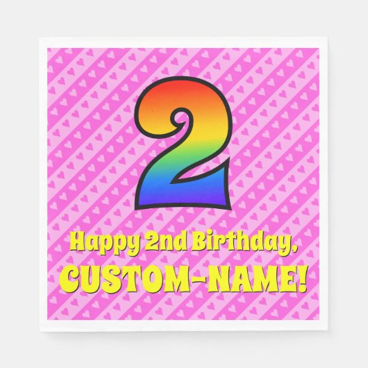 2回目の誕生日:ピンクストライプのハート、レインボー# 2 スタンダードランチョンナプキン (正面)