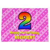 2回目の誕生日：ピンクストライプのハート、レインボー# 2 ラージペーパーバッグ (正面)