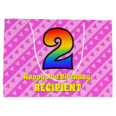 2回目の誕生日：ピンクストライプのハート、レインボー# 2 ラージペーパーバッグ (裏面)