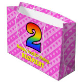 2回目の誕生日：ピンクストライプのハート、レインボー# 2 ラージペーパーバッグ (裏面アングル)
