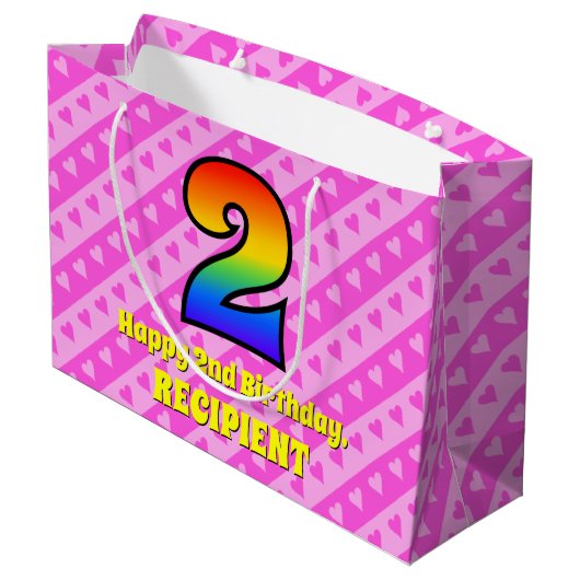 2回目の誕生日：ピンクストライプのハート、レインボー# 2 ラージペーパーバッグ (裏面アングル)
