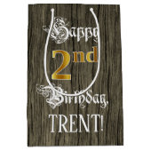 2回目の誕生日:フェイク金ゴールドルック&ウッドフェイクパターン ミディアムペーパーバッグ (正面)