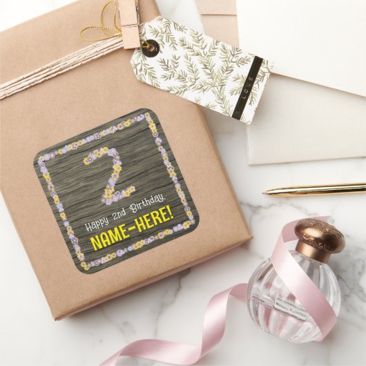 2回目の誕生日：フローラフェイク番号、木目、名前 スクエアシール (ギフト)