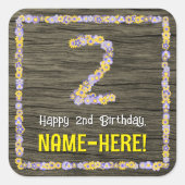 2回目の誕生日：フローラフェイク番号、木目、名前 スクエアシール (正面)
