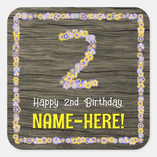 2回目の誕生日:フローラフェイク番号、木目、名前 スクエアシール (正面)