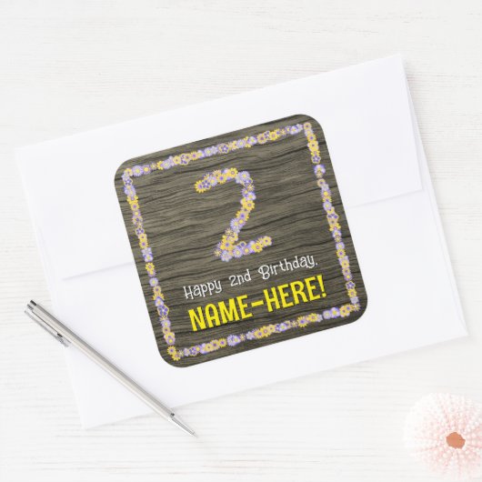 2回目の誕生日:フローラフェイク番号、木目、名前 スクエアシール (封筒)