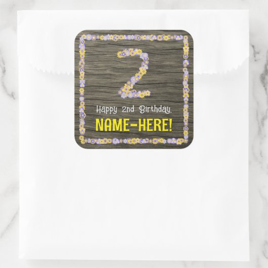 2回目の誕生日：フローラフェイク番号、木目、名前 スクエアシール (バッグ)