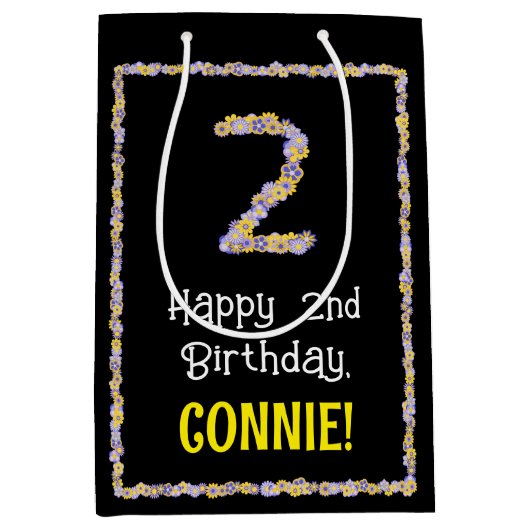 2回目の誕生日：フローラ花数，名前をカスタムする ミディアムペーパーバッグ (正面)