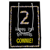 2回目の誕生日：フローラ花数，名前をカスタムする ミディアムペーパーバッグ (裏面)