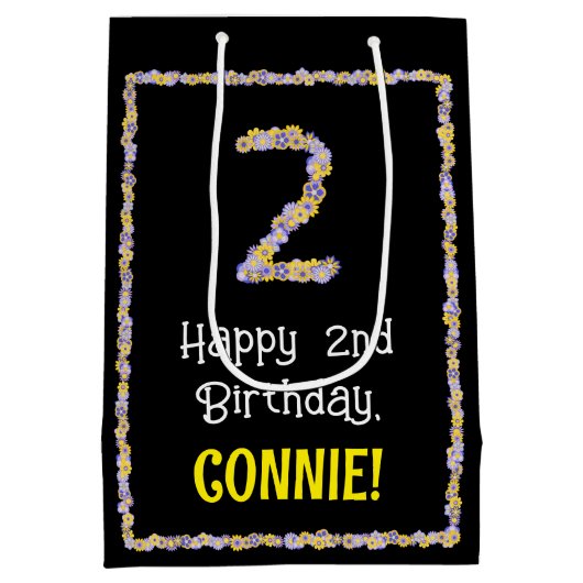 2回目の誕生日：フローラ花数，名前をカスタムする ミディアムペーパーバッグ (裏面)