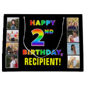 2回目の誕生日:レインボー文字カスタム、写真と名前 ラージペーパーバッグ (正面)