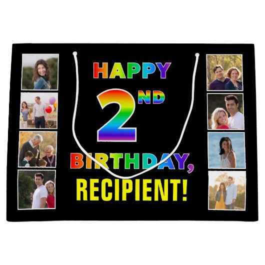 2回目の誕生日:レインボー文字カスタム、写真と名前 ラージペーパーバッグ (正面)