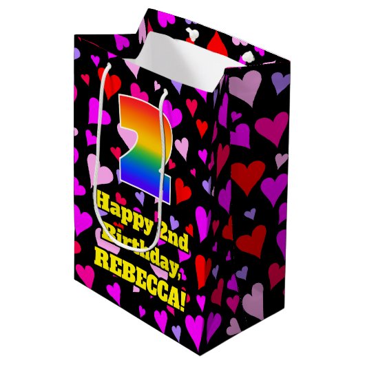2回目の誕生日：愛するハートパターン、虹# 2 ミディアムペーパーバッグ (正面アングル)