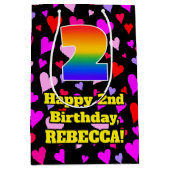 2回目の誕生日:愛するハートパターン、虹# 2 ミディアムペーパーバッグ (正面)