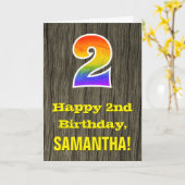 2回目の誕生日：素朴ウッドルックフェイク、レインボー"2" カード (黄色い花)