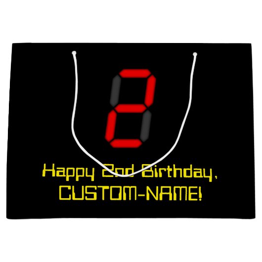 2回目の誕生日：赤いデジタル時計のスタイル"2" +名前 ラージペーパーバッグ (正面)