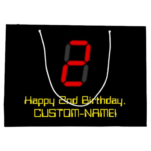 2回目の誕生日：赤いデジタル時計のスタイル"2" +名前 ラージペーパーバッグ (裏面)