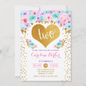 2回目の誕生日 – 金ゴールドハートティール（緑がかった色）紫ピンク 招待状 (正面)