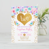 2回目の誕生日 – 金ゴールドハートティール（緑がかった色）紫ピンク 招待状 (スタンド正面)