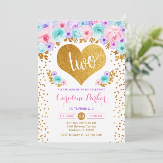 2回目の誕生日 – 金ゴールドハートティール（緑がかった色）紫ピンク 招待状 (スタンド正面)