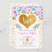 2回目の誕生日 – 金ゴールドハートティール（緑がかった色）紫ピンク 招待状 (正面/裏面)