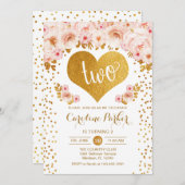 2回目の誕生日 – 金ゴールドハートホワイトピンクフローラ 招待状 (正面/裏面)