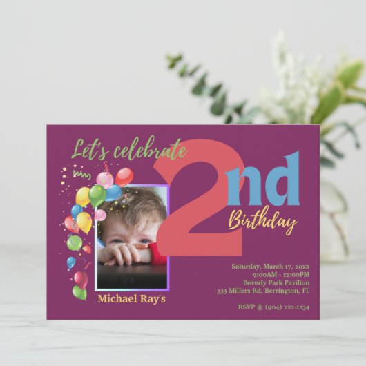 2回目カラフルの誕生日フォトパーティの招待状 招待状 (スタンド正面)