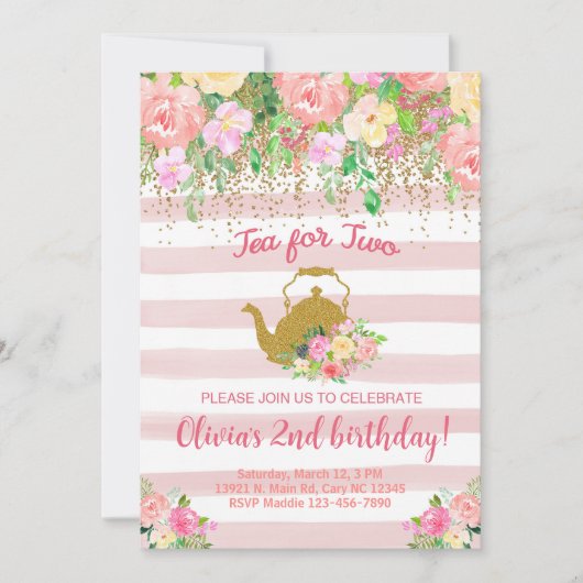 2女の子2番目の誕生日招待状のための紅茶。 招待状 (正面)