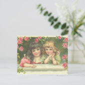 2女ビクトリアン子ピンクローズヴィンテージはがき ポストカード (スタンド正面)