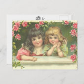 2女ビクトリアン子ピンクローズヴィンテージはがき ポストカード (正面/裏面)
