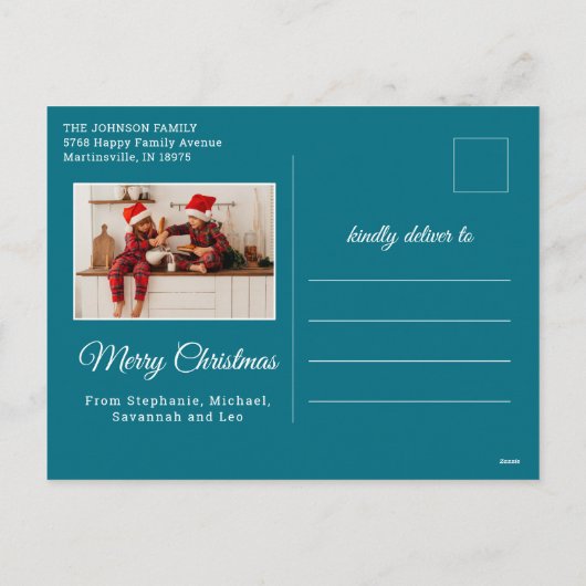 2家族の写真の信じティール（緑がかった色）でクリスマス魔法 シーズンポストカード (裏面)