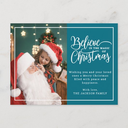 2家族の写真の信じティール（緑がかった色）でクリスマス魔法 シーズンポストカード (正面)