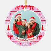 2家族の写真クリスマスセーターピンク&レッド セラミックオーナメント (正面)