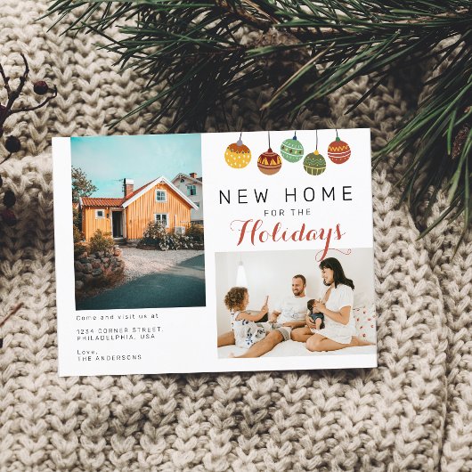 2家族の写真クリスマスボール新しいホームムービング 案内ポストカード