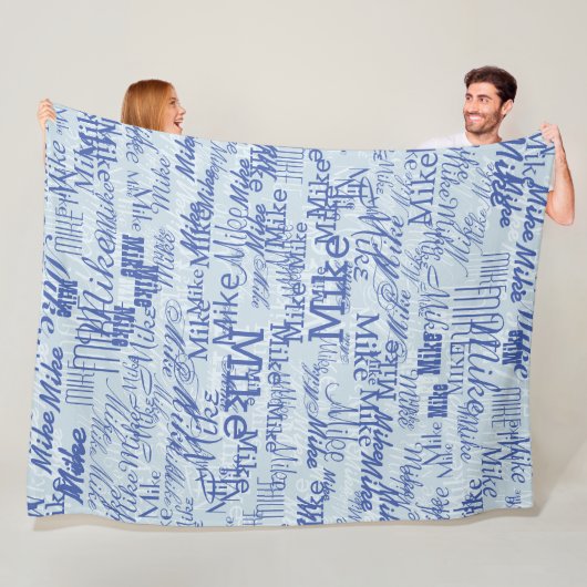 2層（2トーンの青）スタンプされた名前オールオーバー フリースブランケット (インサイチュ)