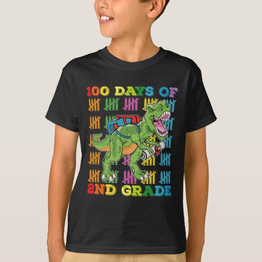 2年生になって100日目のティラノサウルス恐竜学校 Tシャツ (正面)