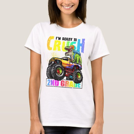 2年生の恐竜のモンスタートラックをクラッシュしてschに戻る tシャツ (正面)