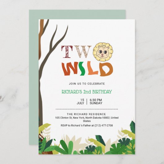 2年間キッズジャングルサファリライオンテーマ誕生日 招待状 (正面/裏面)