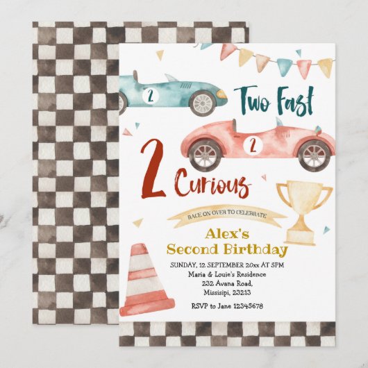 2才の好奇心とスピードのレトロなレースのお誘い 招待状 (正面/裏面)