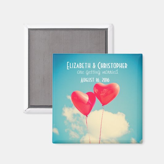 2明るい赤いハートの形をしたバルーン日付を保存 マグネット (正面/裏面)