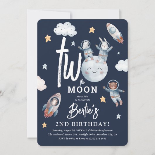 2月かわいい宇宙動物2nd誕生日 招待状 (正面)