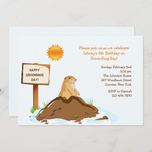 2月のグラウンドホッグの日の誕生日パーティーの招待 招待状 (正面/裏面)